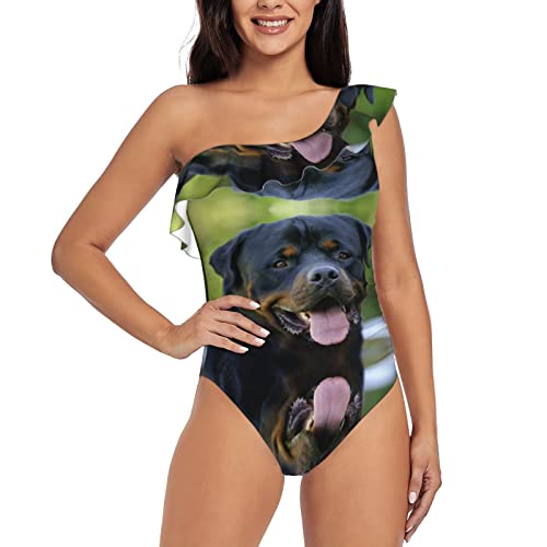 YTORA Stone Blue Gold Marble V Ausschnitt Rüschen Einteiler Badeanzug Damen Print Sexy Badeanzug Krawatte Bademode, Rottweiler-Tapete, Medium