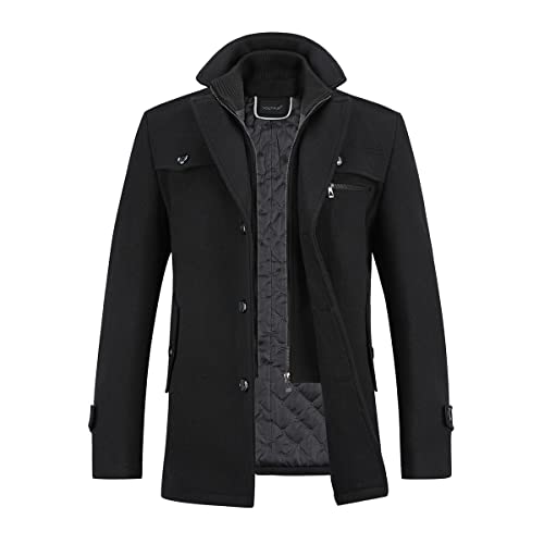 YOUTHUP Herren Wollmantel Dick Winter Kurzmantel Regular Fit Wintermantel Freizeit Herrenmantel Übergangsmantel, Schwarz, XS