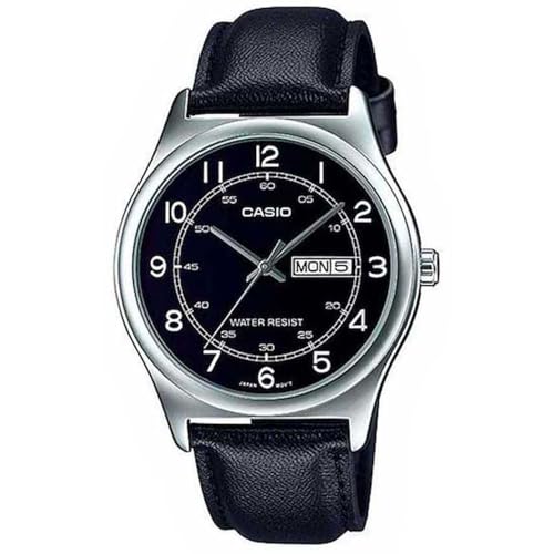 Casio MTP-V006L-1B2 Men's Black Leather Band Black Numbers Dial Day Date Analog Dress Watch