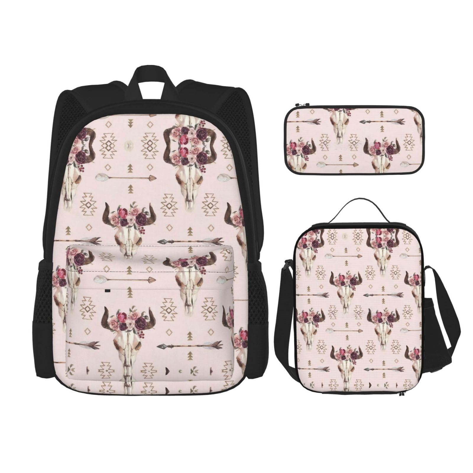 WURTON 3-in-1 Büchertaschen-Set mit Bullenschädel und Tribal-Druck, verstellbarer Schulter-Rucksack, Lunch-Tasche, Federmäppchen, Tasche, Schwarz, Einheitsgröße