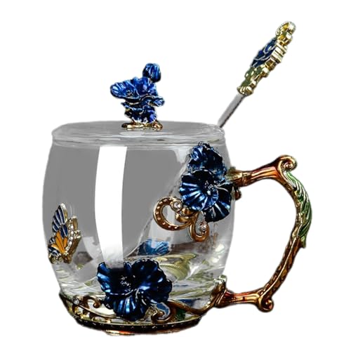 Zeitgenössische Emaille Tasse Und Löffel Glasbecher Kollektion Zarte Emaillierte Glasbecher Mit Schmetterlings Und Blumenmuster