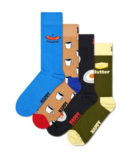 Happy Socks 4er pack Socken - Socken mit Essen motiv - Kaffee, Eier, Pfannkuchen, Wurst und Butter druck - lustig Geschenkbox