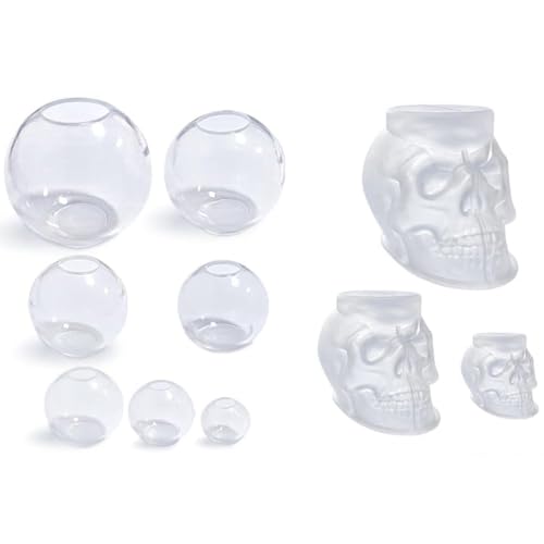 HVVENTY 1 Set Harzformen mit Totenkopf 3D groß + mittel + klein + 1 Set mit transparenten Silikonkugeln 4/3/2,5/2/1,7/1,3/0,9 Zoll