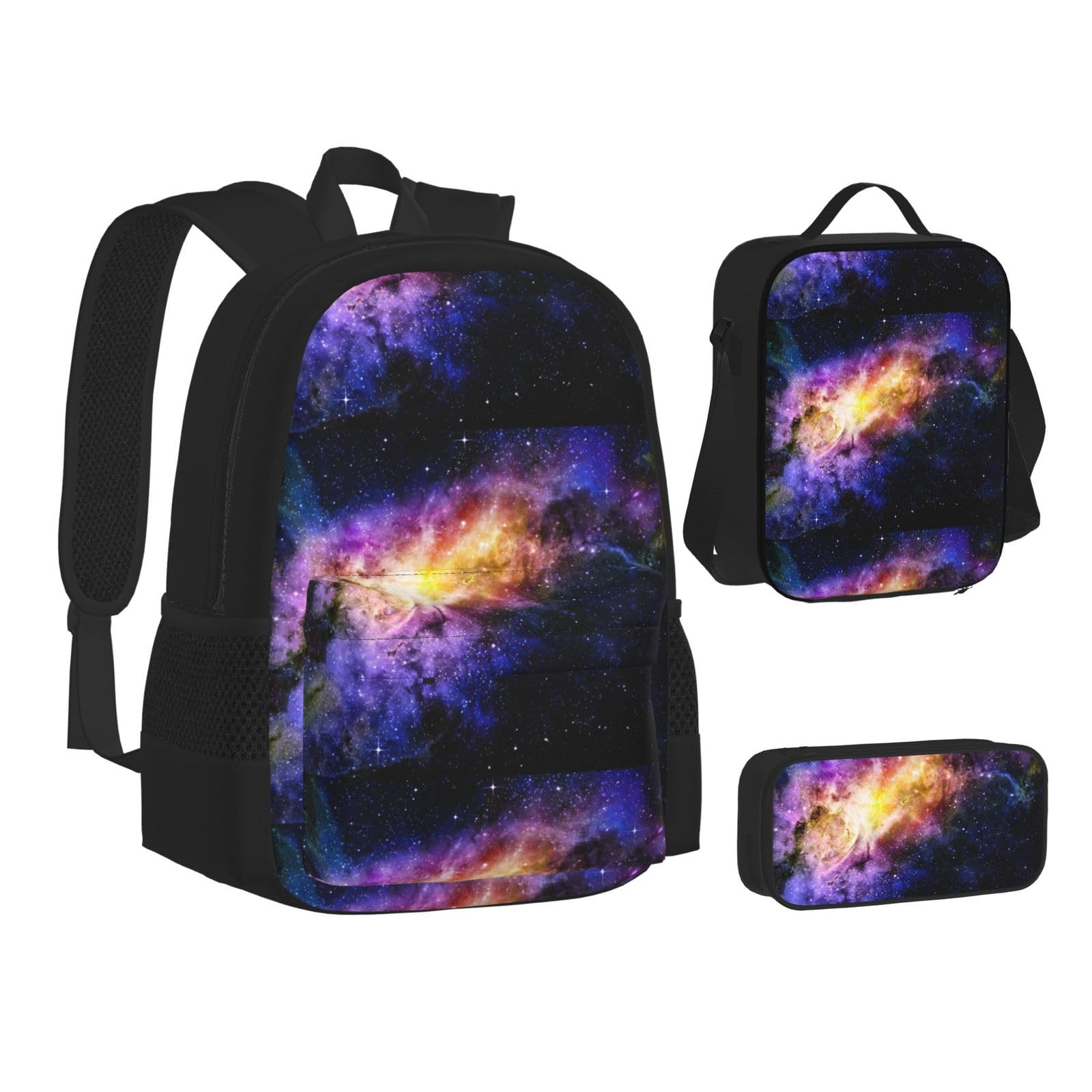 WURTON Schulrucksack-Set mit blauem Camouflage-Muster für Teenager, Lunch-Tasche, Federmäppchen, 3-in-1, Schulrucksäcke, Kinderrucksack-Set, Galaxie im Universum, Einheitsgröße