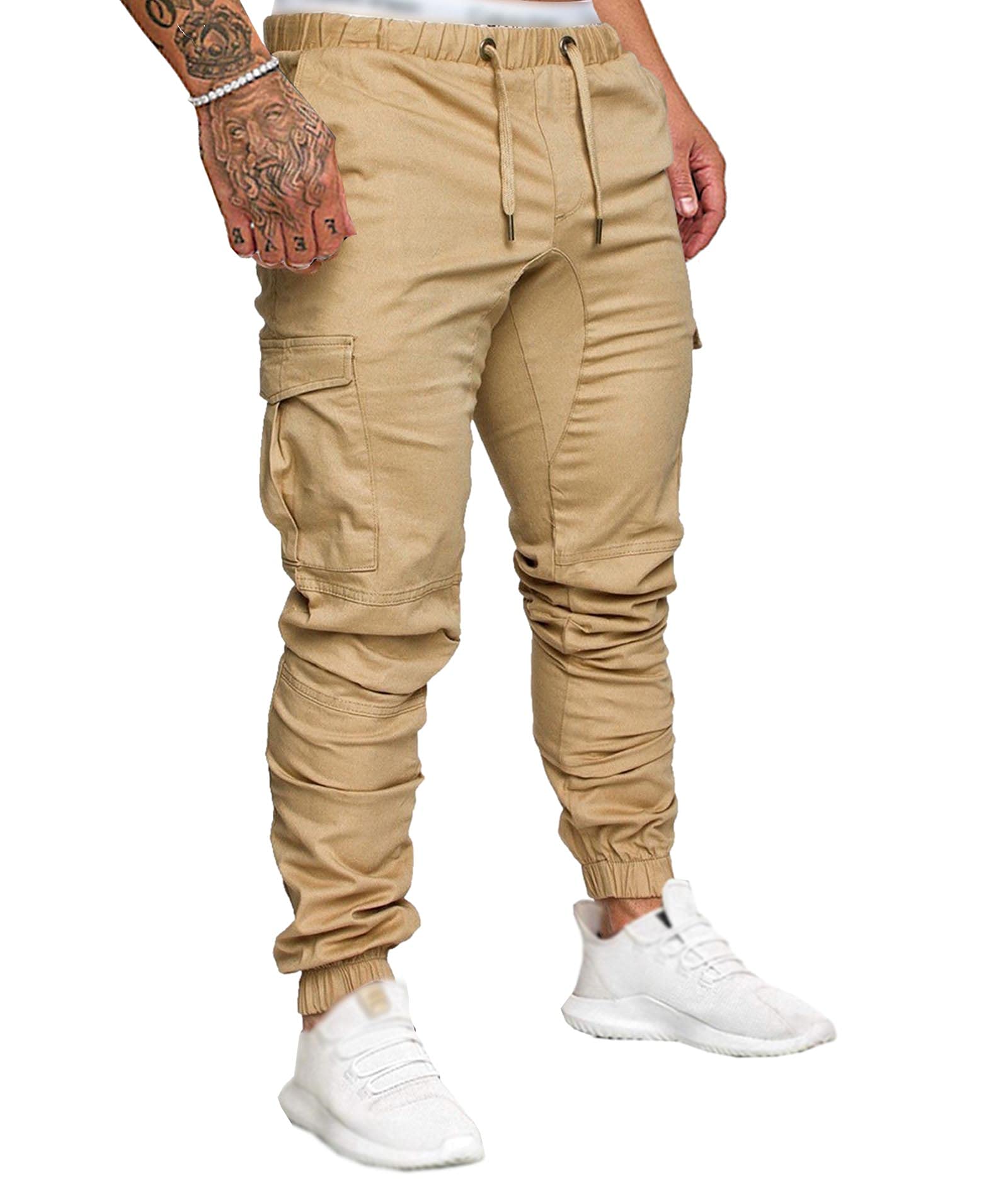 SOMTHRON Herren Elastische Taille Gürtel Baumwolle Jogging Sweat Hosen Plus Size Mode Lange Sports Cargo Hosen Shorts mit Taschen Joggers Activewear Hosen, Khaki, XL