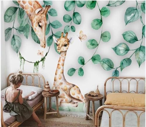 Einfaches Grünes Blatt Niedliches Tier Giraffe 3D Tapete Poster Restaurant Schlafzimmer Wohnzimmer Sofa TV Dekorative Wand-200cm×140cm