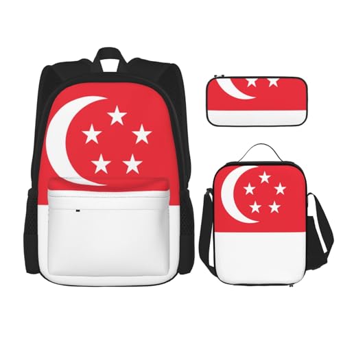 WURTON Singapur-Flaggen-Druck, verstellbare Schultergurte, Rucksack-Set, Lunchtasche, Federmäppchen, Kombinationstaschen-Set