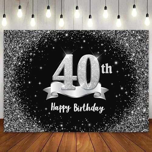 Alles Gute zum 40. Geburtstag Hintergrund 40 Jahre alt Party Dekoration Kuchen Tisch Männer Vierzig Bday Schwarz Silber Sternen 240X180cm