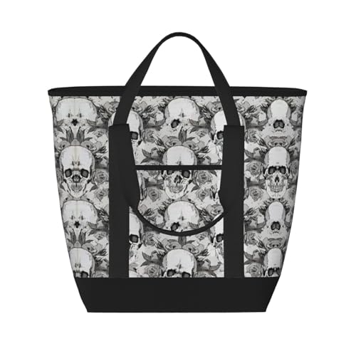 YQxwJL Totenkopf-Skelett-Druck, große Kapazität, isolierte Lunchtasche, wiederverwendbare Einkaufstasche mit Reißverschluss, für Damen und Herren