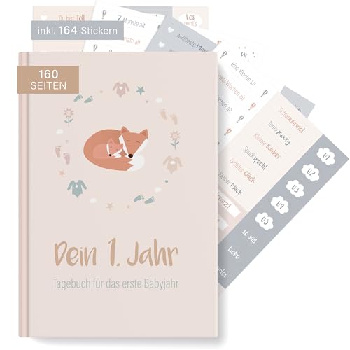 mintkind® Babyalbum "Dein erstes Lebensjahr" A5 Natur + Sticket Set | Baby Fotoalbum zum Selbstgestalten | Baby Geschenk für Mädchen und Junge | Babybuch zum Eintragen | Baby Buch ab 0 Monate