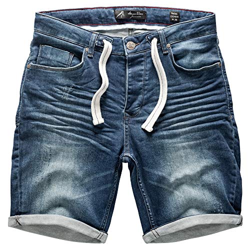 Amaci&Sons Herren Jeans Shorts Kordel Destroyed Kurze Hose Sommer Bermuda Verwaschen J5001 D-Blau W30