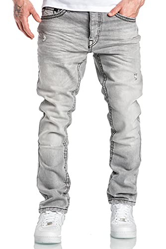 Amaci&Sons Herren Dicke Nähte Destroyed Regular Slim Jeans Denim Hose Fit 7983WD Grau W31/L30