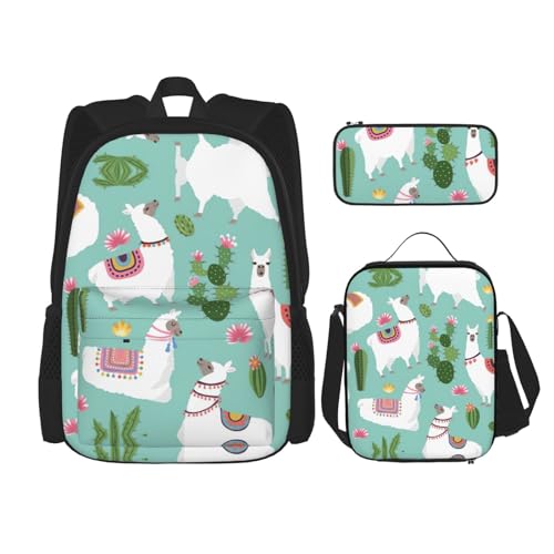 WURTON Rucksack mit tropischem Lama, Alpaka, Kaktus, Blumendruck, 3-in-1 Büchertaschenset mit Lunchbox, Federmäppchen, Reise, Laptop, Tagesrucksack