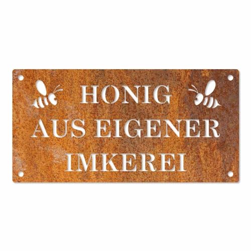 Feuerfest 123 - Edelrost Schild Honig Imkerei 40x20 cm, Gartenschild aus Cortenstahl, Rostige Gartendeko in Handarbeit gefertigt, unempfindlicher & langlebiger Deko-Rost, Made in Germany