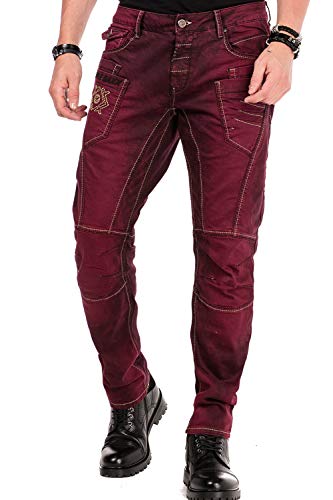 Cipo & Baxx Herren Jeans Denim Hose Batikmuster Antique Look 5-Pocket Design Pants Regular Fit Jeanshose CD479 Burgundy W33 L34