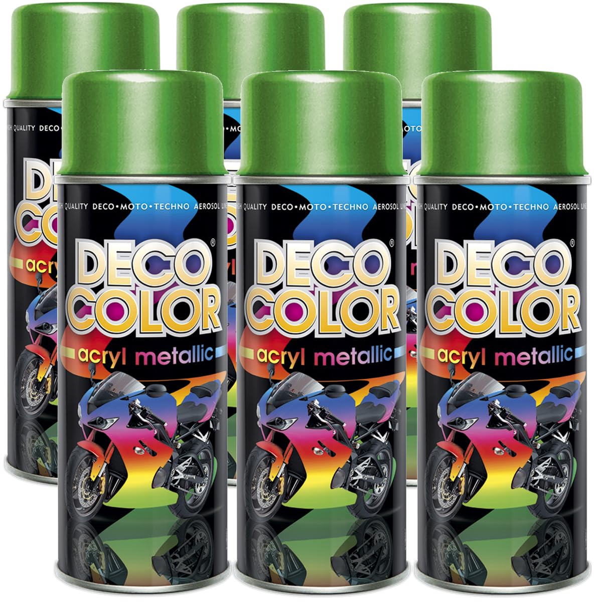 DECO COLOR 6er Sparpack Lackspray Metallic GRÜN 400ml - Sprühlack mit Metallic Effekt für z.B. KFZ, Fahrrad uvm. (6 Dosen Lackspray Grün mit Metallic-Effekt)