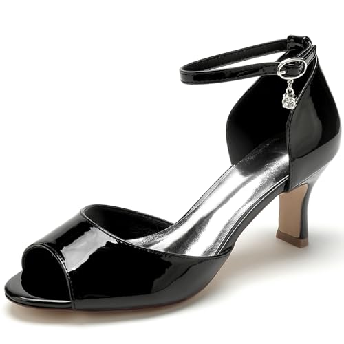 RUIZE Schwarz,43,Damen-Brautschuhe mit Knöchelriemen, 6,5 cm niedriger Absatz, Peep-Toe-Pumps aus Satin, für Hochzeit, Abschlussball, Party