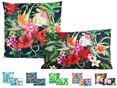 JACK 2er Set Outdoor Lounge Motiv Wende Kissen 45x45cm + 30x50cm Dekokissen Inkl. Füllung Wasserfest Sitzkissen Garten Lotus Effekt, Farbe:Dschungelpracht