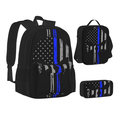 WURTON Rucksack, Lunchbox-Set, 3-in-1-Rucksack und Federmäppchen, Blau gestreift, Sterne, Totenkopf-Druck, passende Kombination, Schwarz, Einheitsgröße