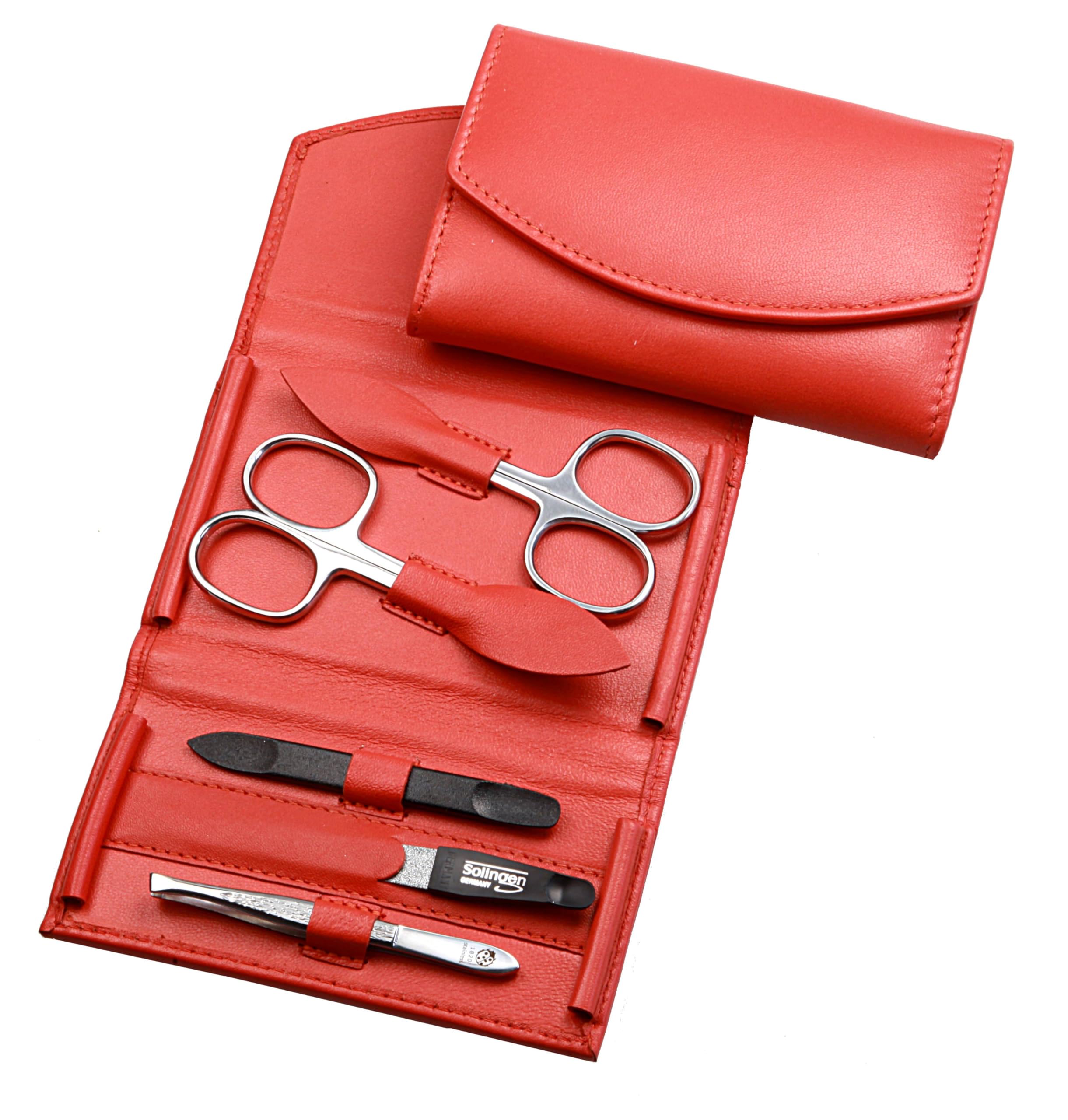 Maniküre Set - 5 teiliges Nagelpflegeset - Echtes Nappa-Lammleder Manicure Etui - Nagelschere, Hautschere, Nagelfeile, Pinzette und Doppelinstrument (Orange)