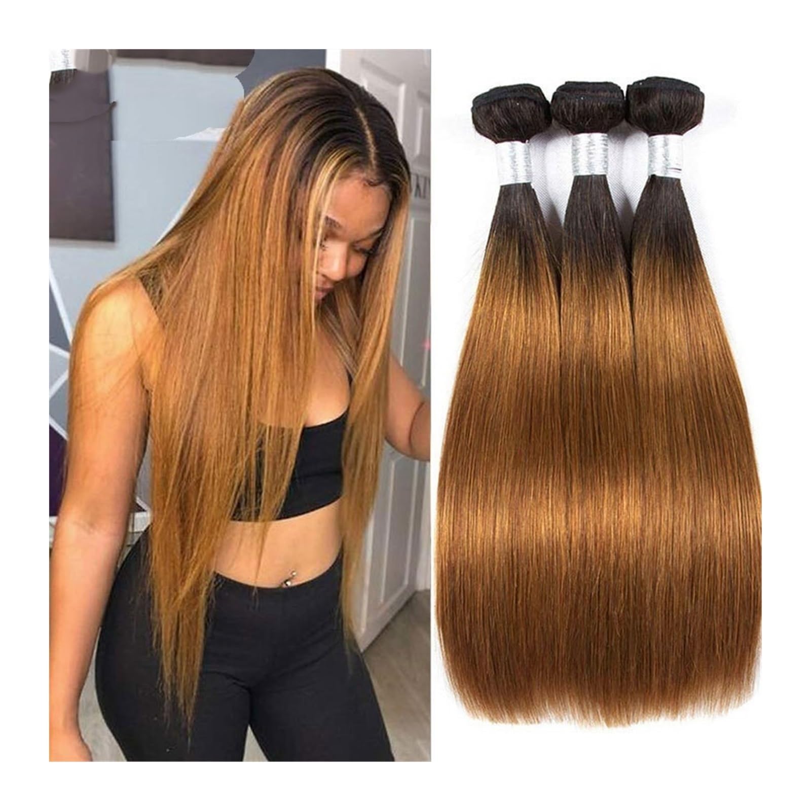 Human Hair Bundles Brasilianisches Glattes Haar 1B/30 Menschliche Haarwebart Bundles Zweifarbige Haarbündel Ombre Glattes Haar 3/4 Stück Extensions human hair weave(Size:20 22 24)