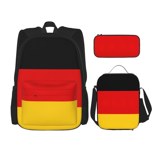 WURTON Deutsche Flagge Druck Reise Lunchbox Federmäppchen Rucksack Set 3 Stück Verstellbare Träger Leicht, Schwarz, Einheitsgröße, Schwarz, One Size