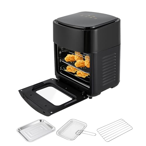 15L Heißluftfritteuse, 1400W Friteuse Air Fryer Dörrautomat Backofen Grill mit Sichtfenster, LED Display, Touchscreen, fettfrei grillen ohne Öl (Schwarz)