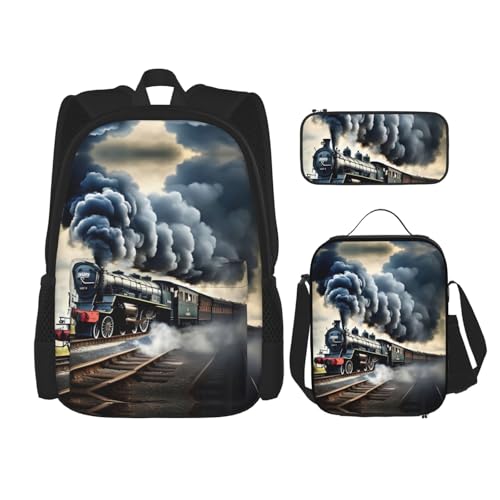 WURTON Dampfzug Wolken Druck Lunchbox Federmäppchen Rucksack Set 3 Stück Verstellbare Träger Langlebig Leicht, Schwarz, One Size