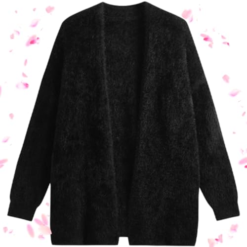 WINDEHAO Kunstfellmantel für Damen, Kunstfell-V-Ausschnitt, Strickjacke, dicke Strickjacke, Pullover, Übergröße, Y2k (Schwarz, Einheitsgröße (45–65 kg))