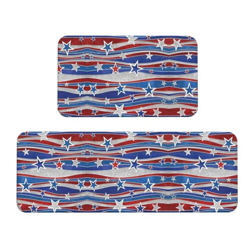 Patriotic Stars Strips Independence Day Print Küchenmatte, 2-teiliges Küchenteppich-Set, rutschfest, wasserdicht, für Küche, Flur, Büro