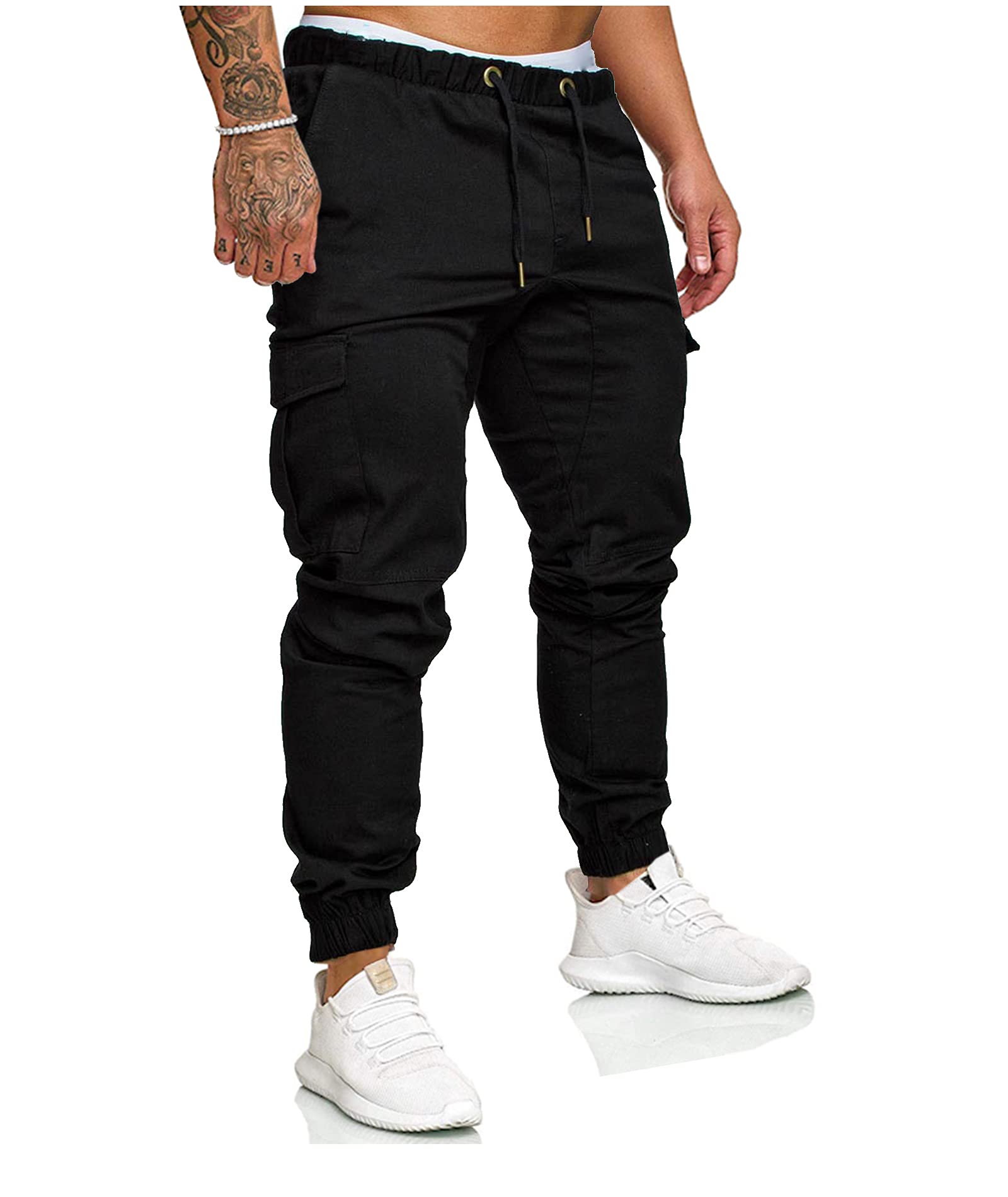 SOMTHRON Herren Elastische Taille Gürtel Baumwolle Jogging Sweat Hosen Plus Size Mode Lange Sports Cargo Hosen Shorts mit Taschen Joggers Activewear Hosen, Black, 4XL