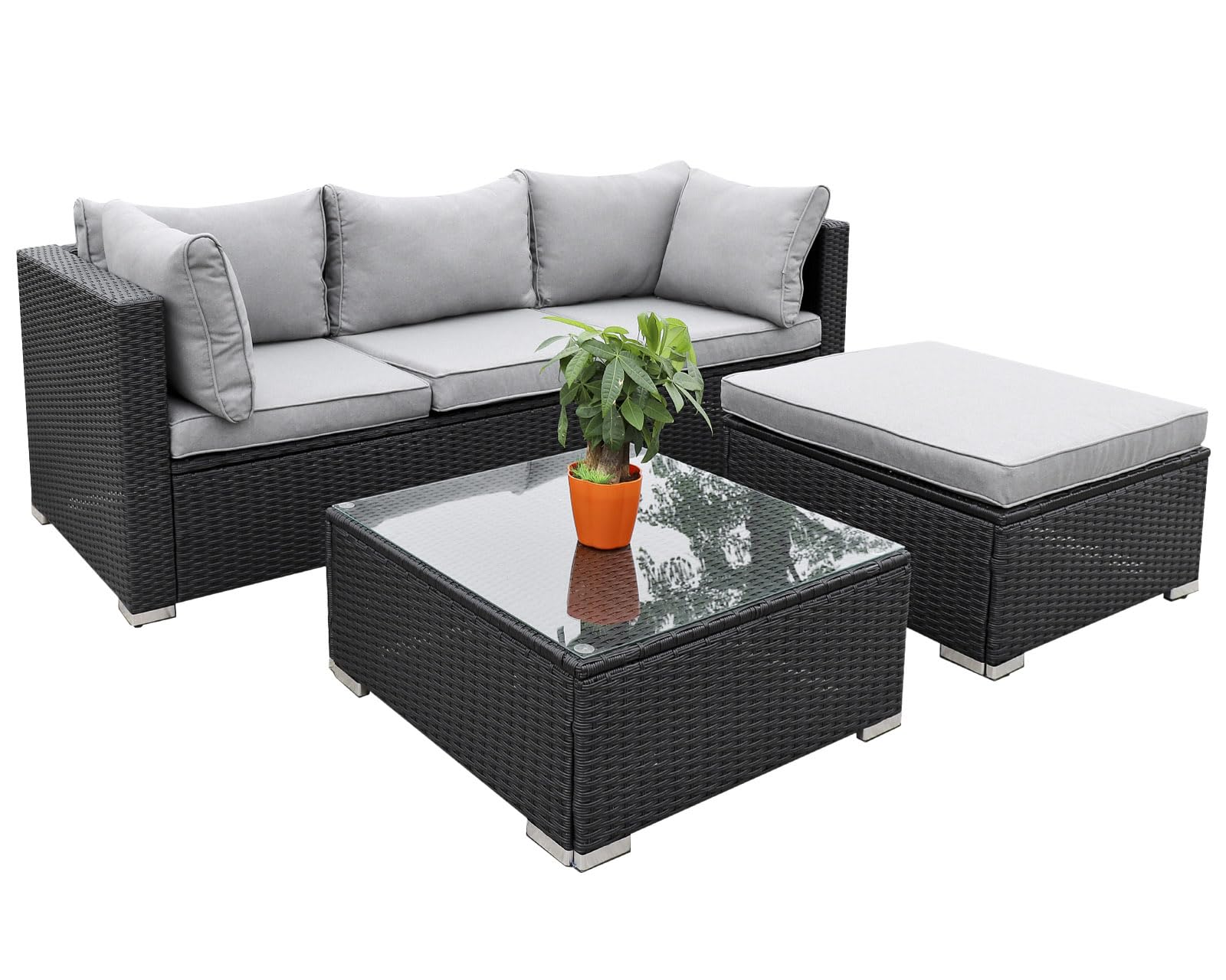 Enjoy Fit Polyrattan Lounge Sitzgruppe Gartenmöbel-Set Poly Rattan Garnitur 3 Sitzplätze, Rattan: schwarz/Bezüge: grau