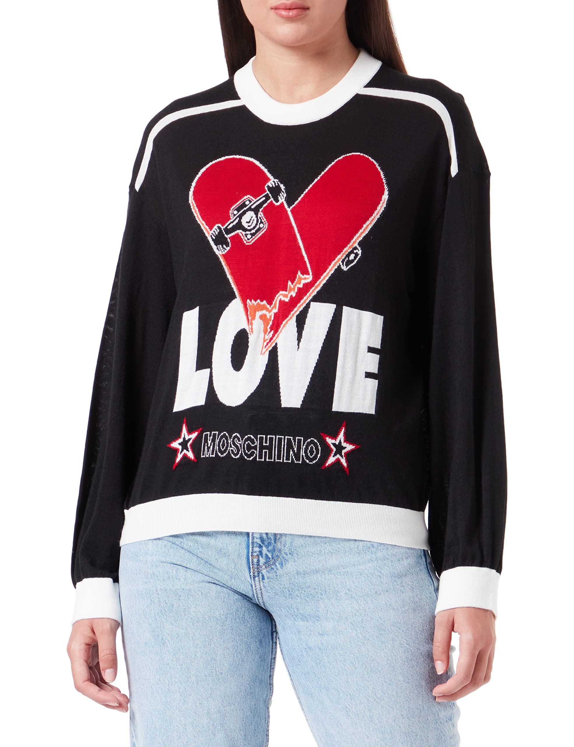 Love Moschino Damen Comfort Fit Long-sleeved I, With Skate Heart Jacquard Intarsia pullover, Schwarz, 40 EU