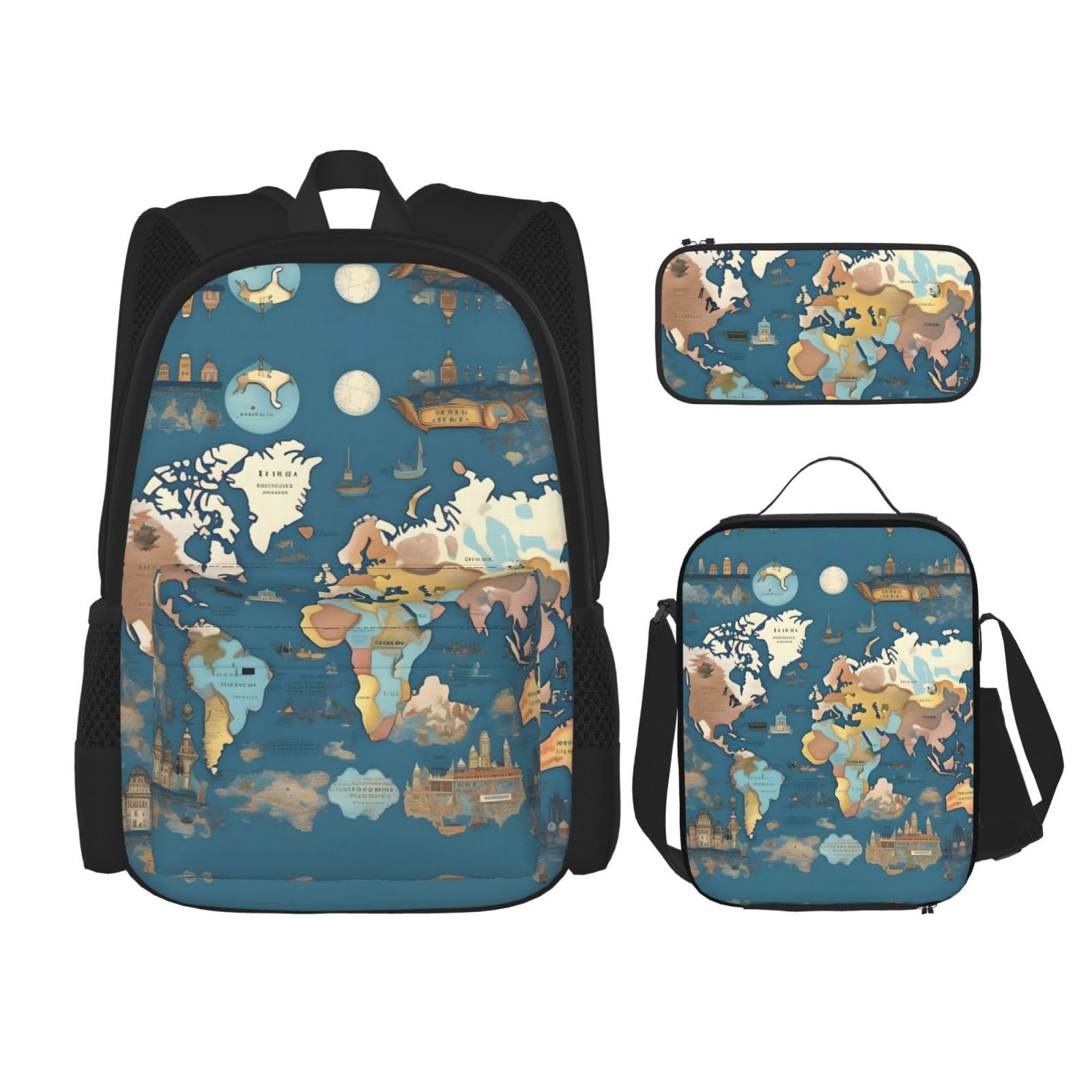 WURTON Lunchbox mit Weltkarten-Motiv, Federmäppchen, Rucksack-Set, 3-teilig, verstellbare Riemen, langlebig, leicht, Schwarz, One Size