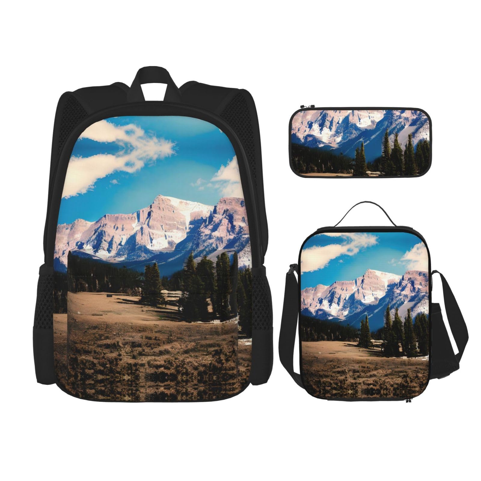 WURTON Rocky Mountains Bedruckte Lunchbox Federmäppchen Rucksack Set 3 Stück Verstellbare Träger Langlebig Leicht, Schwarz, One Size