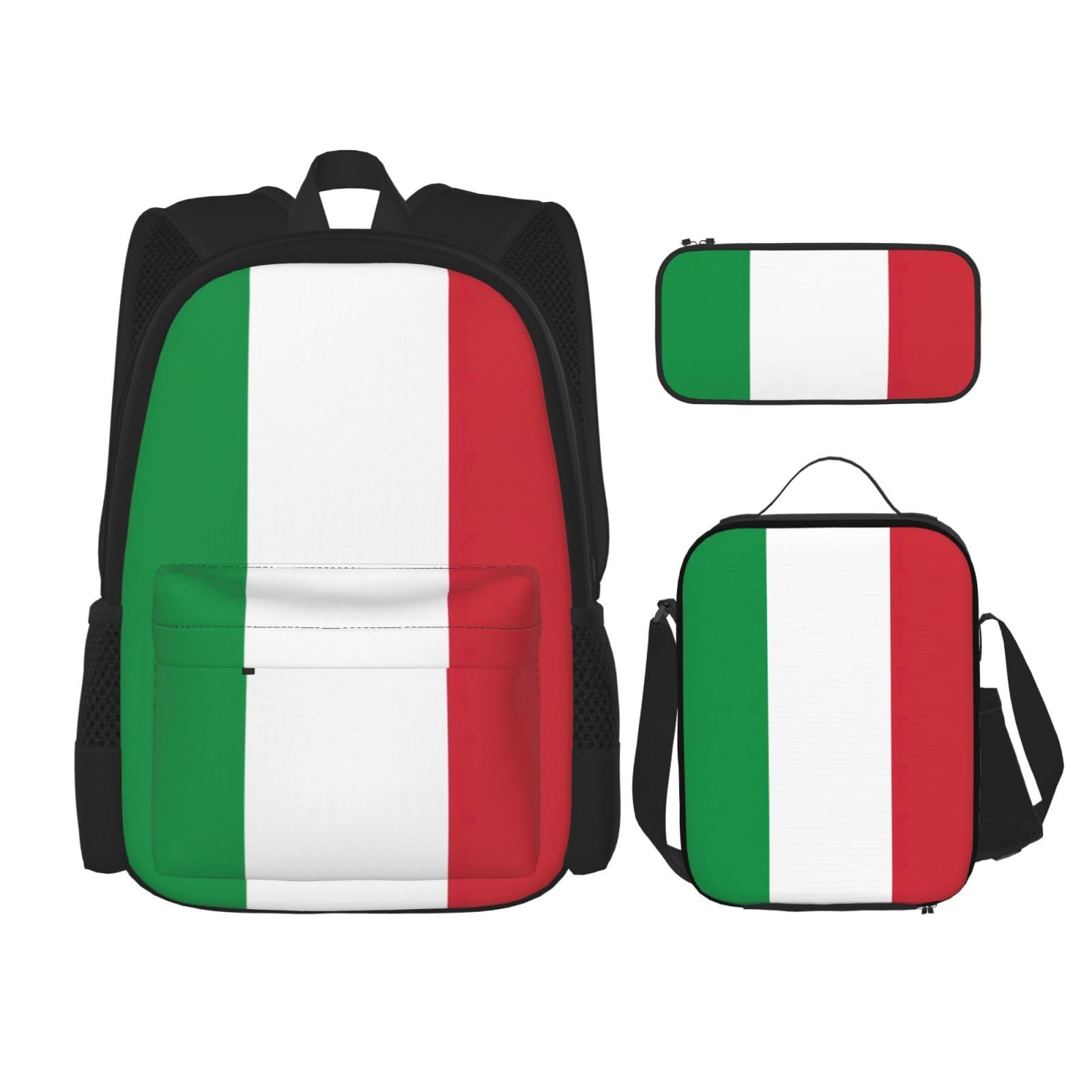 WURTON Rucksack-Set mit italienischer Flagge, Schultasche mit Lunchtasche, Federmäppchen, Kombination, Schultaschen-Set