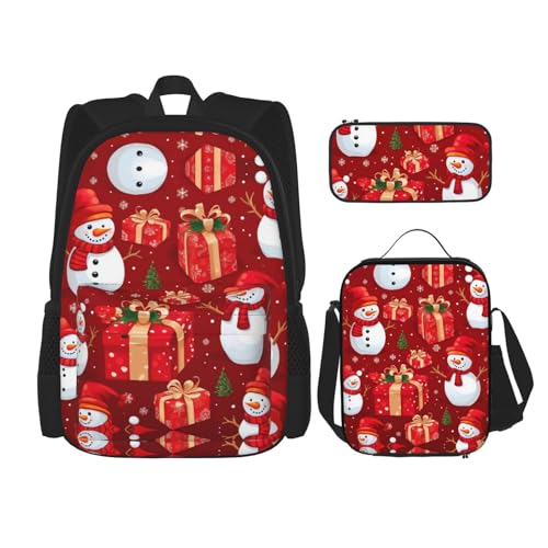 WURTON Weihnachtsgeschenk, Schneemann-Druck, Reise-Lunchbox, Federmäppchen, Rucksack-Set, 3-teilig, verstellbare Riemen, leicht, Schwarz, Einheitsgröße