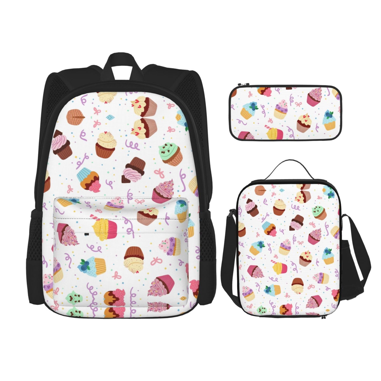 WURTON 3-in-1 Büchertaschen-Set, Motiv: köstliche Cupcakes, verstellbarer Schulter-Rucksack, Lunch-Tasche, Federmäppchen, Beutel, Schwarz, Einheitsgröße