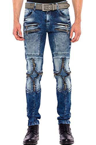 Cipo & Baxx Herren Jeans Hose Regular Fit Biker Denim Verwaschen Reißverschluss 5-Pocket Jeanshose Blau W42 L32