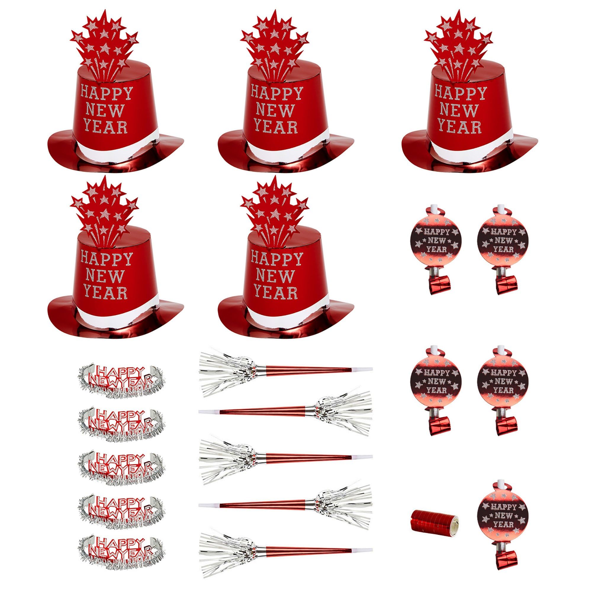 Widmann 8011G- Party-Set Happy New Year, Rot, Set aus 5 Partyhüten, 5 Kronen, 5 Partytrompeten, 5 Tröten und 1 Pack Luftschlangen, Silvester, Hut, Kopfschmuck, Accessoire, Mottoparty