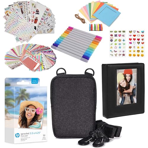 HP Sprocket Fotopapier, 8,9 x 10,8 cm, Zink – Kit: 50 Pack Zinkpapier, Hülle, Fotoalbum, Marker, Aufkleber-Sets