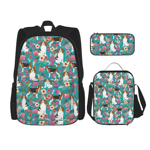 WURTON Sweet Basset Hound Florals Print Reise Lunchbox Federmäppchen Rucksack Set 3 Stück Verstellbare Träger Leicht, Schwarz, Einheitsgröße