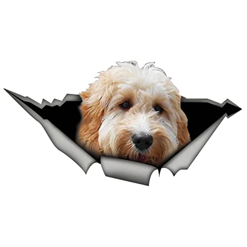 ALANZE 13cm X 6.9cm 3D Weißer Goldendoodle Hund Autoaufkleber Zerrissenes Metall Haustier Aufkleber Reflektierend Fenster Auto Stoßstange Dekor