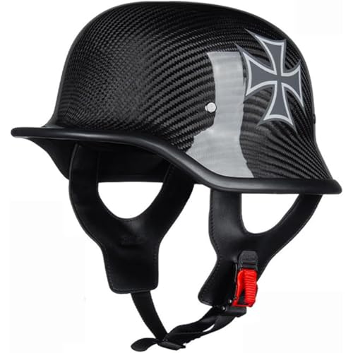 BYFHHHH Vintage Jethelm Motorradhelm, ECE-Zulassung Carbonfaserhelm Rollerhelm Moped Retro Cruise Halbschalenhelm Deutscher Stil Offener Helm Für Männer Frauen F,XXL=63~64CM