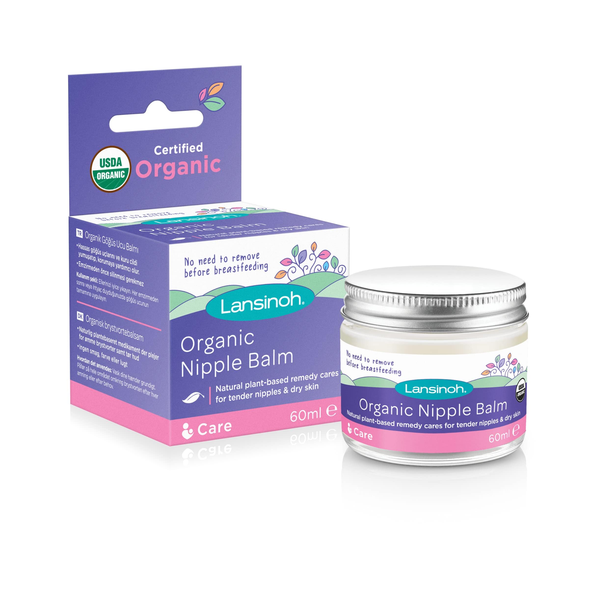 Lansinoh Organic Nipple Balm 60ml Natural Breastfeeding Cream, natural ingredients, tasteless, odourless, care for nipples when breastfeeding & dry skin when pregnant