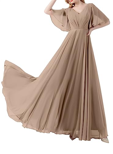 SAMHO Damen Brautjungfernkleider mit V-Ausschnitt, mit Ärmeln, gerüscht, Chiffon, langes formelles Abendkleid, taupe, 40