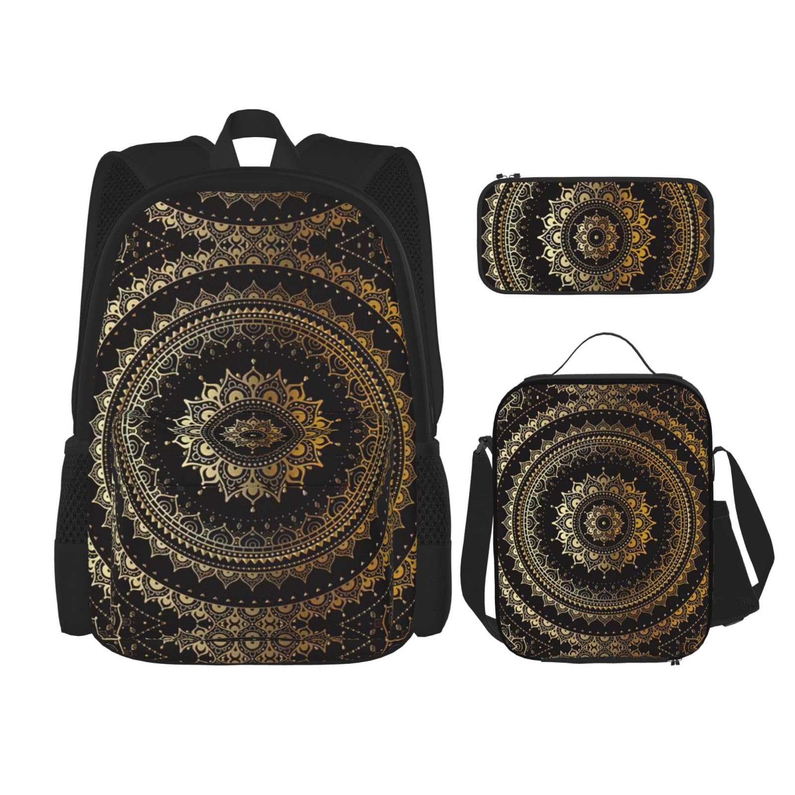 WURTON Rucksack mit Mandala-Druck, Schultasche mit Lunchtasche, Federmäppchen, Kombination, Schultaschen-Set, Schwarz , Einheitsgröße