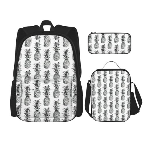 WURTON Tropisches Thema Ananas Obst Muster Druck Trendy Rucksack Taschen Lunchbox und Federmäppchen 3 in 1 Verstellbarer Rucksack Set, Schwarz, Einheitsgröße, Schwarz , Einheitsgröße