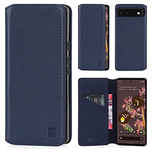 32nd Klassische Series 2.0 - Lederhülle Case Cover für Google Pixel 6, Echtleder Hülle Entwurf gemacht Mit Kartensteckplatz, Magnetisch und Standfuß - Marineblau