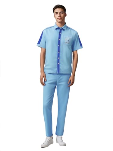 AYYOHON Steve Zissou Kostüm Life Aquatic Cosplay Outfit Herren Kurzarm Blau Uniform Hemd Hose Set für Halloween Erwachsene 2XL